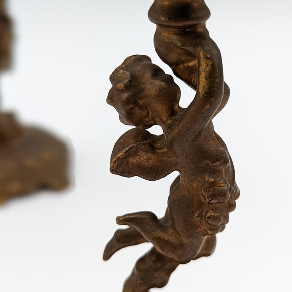 Antique Cherub Candle Holders Gilt Bronze w Hand Blown Ruffled Glass Green Rim - Picture 10 of 13